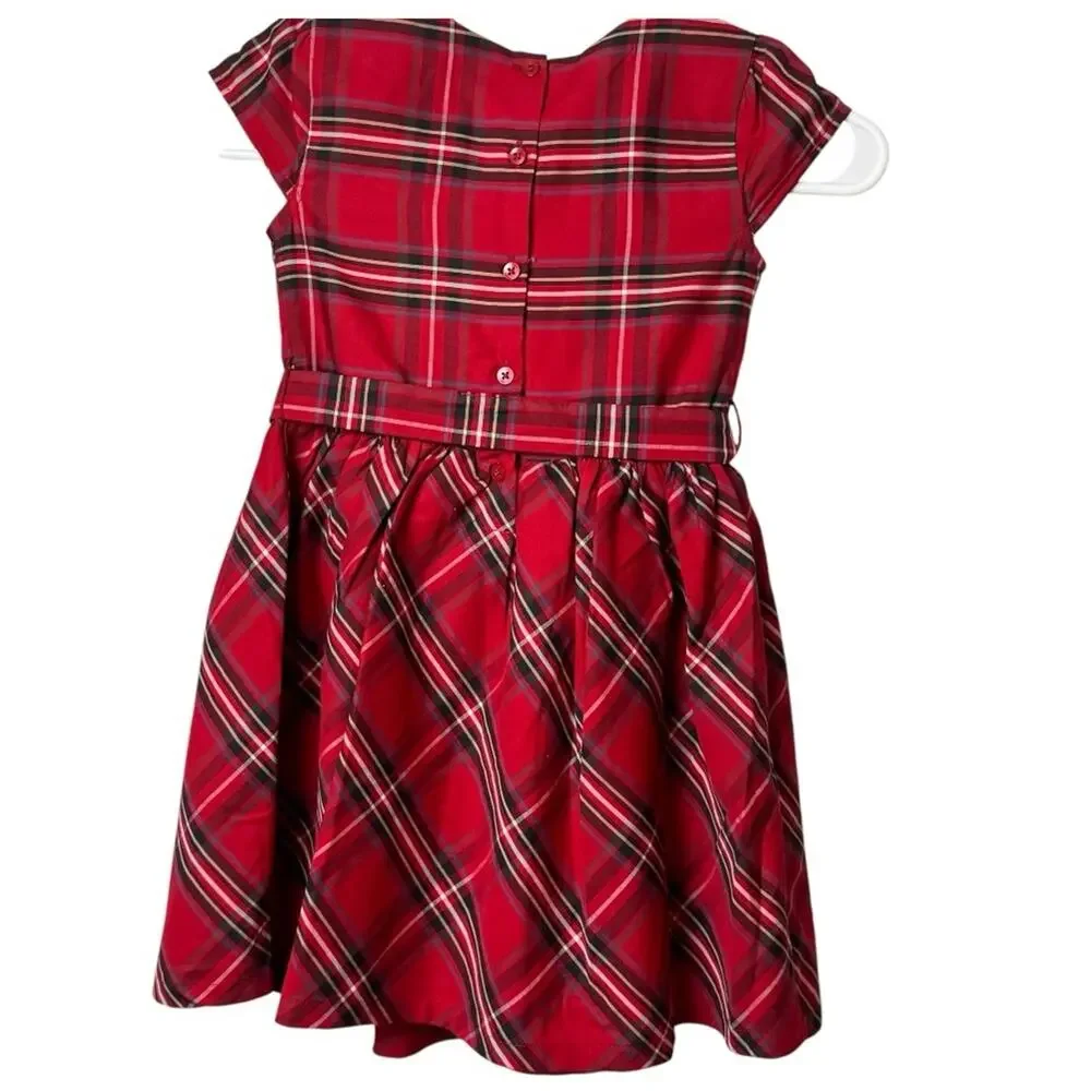 Carter's Girl's Holiday Print Short Sleeve Tie Belt Button Back Dress Sz 5  5 A